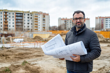 Caucasian male architect holding blueprints at construction site with buildings in background