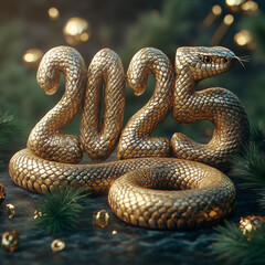 Obraz premium Golden snake under the number 2025. Chinese calendar: year of the snake.