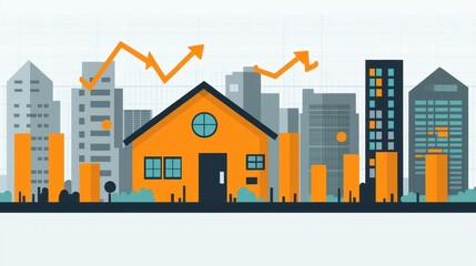 Obraz premium Illustration of a house amidst urban growth and data trends.