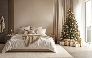 A sleek bedroom with neutral tones, a potted tree, and subtle golden holiday decorations