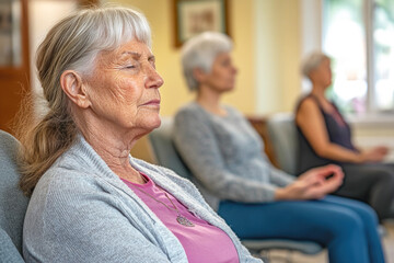 Elderly caucasian women meditating in a peaceful indoor setting