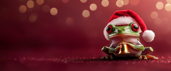 Funny frog in Santa hat with bell on burgundy background, humorous Christmas concept for greeting cards, holiday promotions and whimsical social media content. for children's entertainment material
