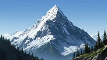 Fototapeta premium Majestic snow-capped mountain peak under a clear blue sky, with evergreen trees in the foreground.