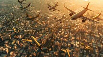 Dollar bills flying through the sky above a city during sunset