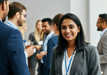 Indian Businesswoman at Networking Event with Diverse Professionals, Promoting Collaboration and Communication