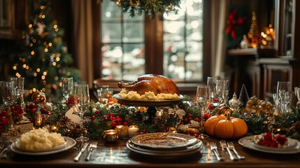 Fototapeta premium American Christmas turkey on the festive table