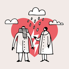 Illustration sur le thème de la rupture amoureuse et le divorce, dessin style doodle d'un couple homme femme avec un nuage et des éclairs dans un cœur, discussion et thérapie de couple