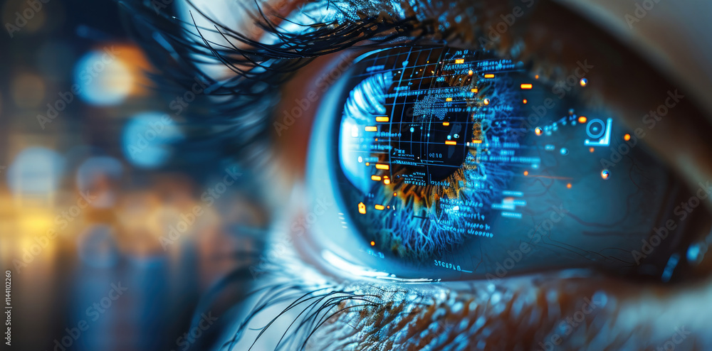 Poster digital blue eye with data visualization charts and graphs floating in front of it, representing the