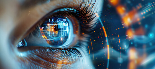 Digital blue eye with data visualization charts and graphs floating in front of it, representing the advanced technology used by AI to process information.
