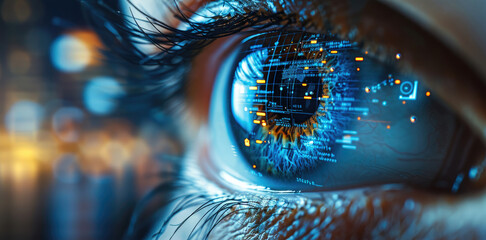 Digital blue eye with data visualization charts and graphs floating in front of it, representing the advanced technology used by AI to process information.