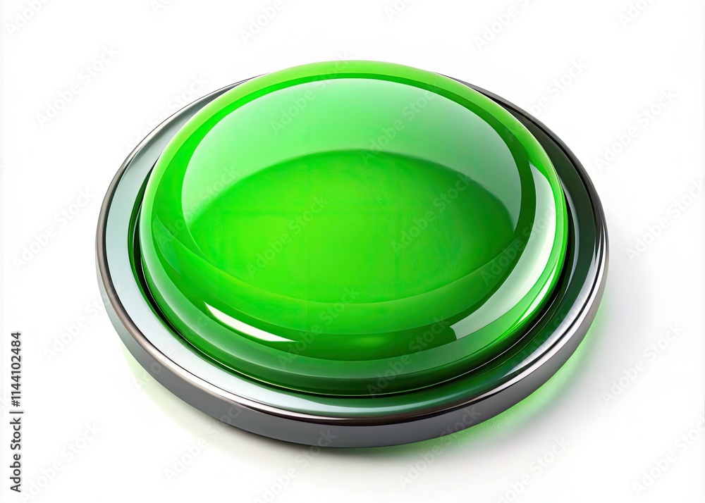 Poster a close-up reveals a glossy, green circular web button, perfect for refresh functions.