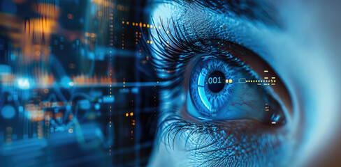 Digital blue eye with data visualization charts and graphs floating in front of it, representing the advanced technology used by AI to process information.