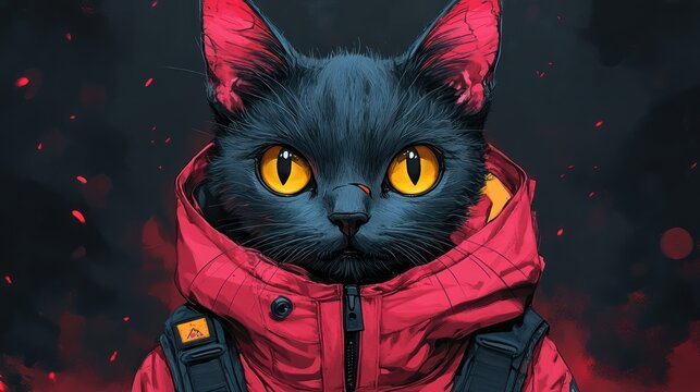 A fierce black cat with yellow eyes, wearing a red jacket, stares intensely.
