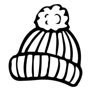 recommend clip art: Warm hat with pompom hand drawn doodle. Clothing accessory to protect head from cold. Knitted headdress. Fabric wardrobe item for walks. Vector line art illustration.