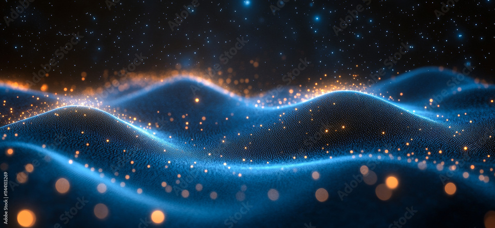 Poster sparkling waves glow in the dark. digital art of glowing waves in the night with sparkling particles