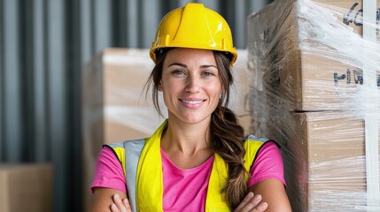 Confident female construction worker smiling.
