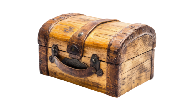 Vintage wooden treasure chest with metal accents, ideal for decorative displays, storage, or themed events, showcasing craftsmanship and rustic charm.