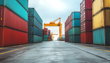 Fototapeta premium Modern shipping terminal with stacked containers and loading trucks in operation.