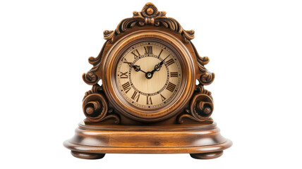 Antique wooden clock with ornate design and Roman numerals displayed on a light background.