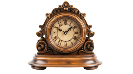Antique wooden clock with ornate design and Roman numerals displayed on a light background.