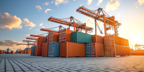 Modern shipping terminal with stacked containers and loading trucks in operation.