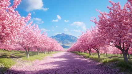 Serene Cherry Blossom Pathway Leading to Majestic Mountain View