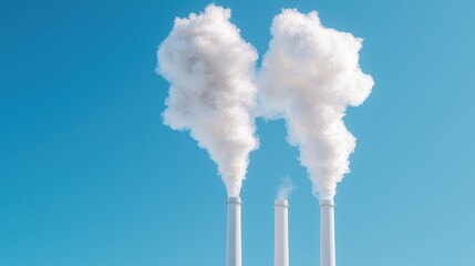 Two industrial smokestacks emitting white smoke against a clear blue sky.