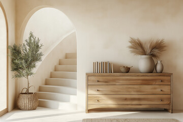 Obraz premium A Modern Wooden Sideboard With Books And Vases Stands Against The Background Of An Arched Wall In Beige Tones, Next To A Staircase, In A Minimalistic, Spacious Interior With Natural Light