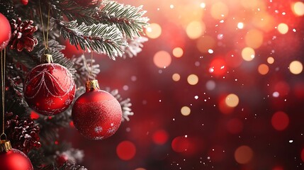 Festive red Christmas ornaments hanging softly on tree bokeh wide shot photo. AI Generated