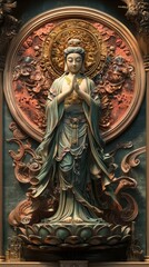 Obraz premium A high-definition 5D metal-framed logo capturing Guanyin in exquisite detail. Her round face and serene expression are hyperrealistically rendered. She stands centered on a vibrant lotus seat,