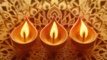 A lively Happy Diwali design with three uniquely shaped clay lamps at the bottom, their flames glowing softly. The background features intricate mandala patterns in golden tones, giving it a vivid