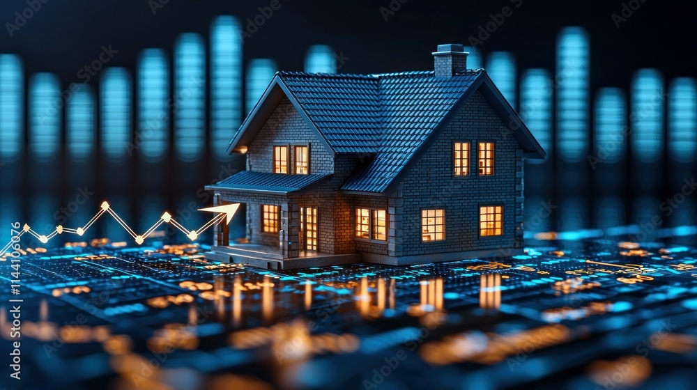 Poster digital house model on a tech interface background.