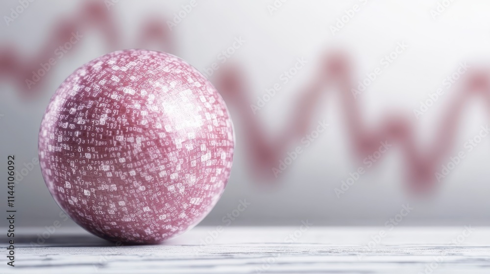 Poster a pink textured sphere sits on a surface, with a blurred background featuring a line graph, suggesti