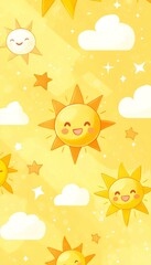 Fototapeta premium Bright and cheerful yellow background featuring cute smiling suns and fluffy clouds
