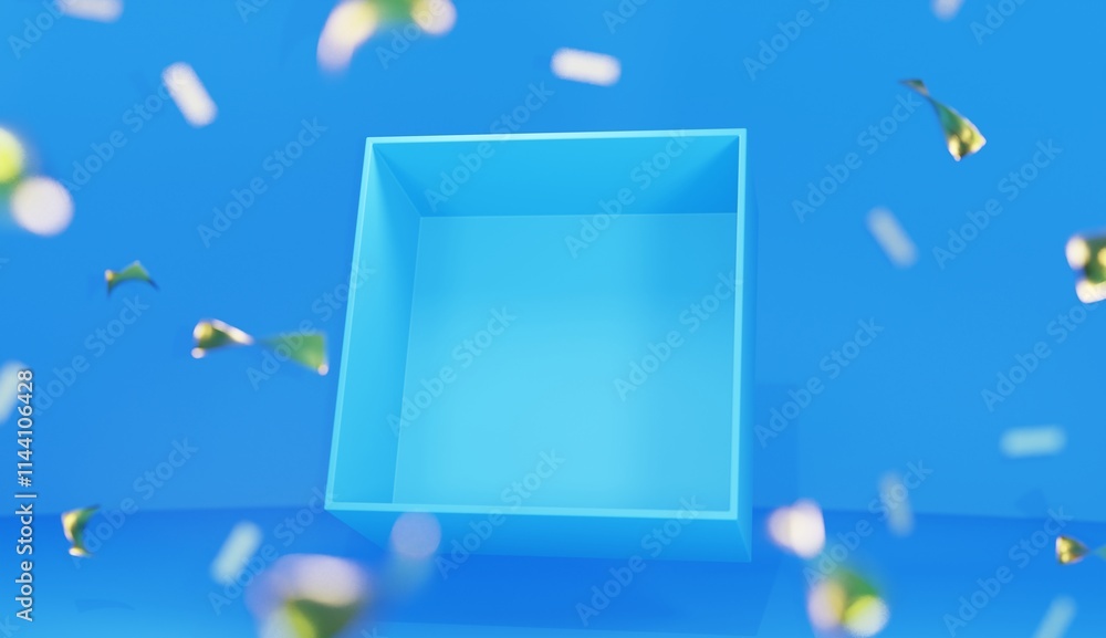 Poster blue open box mock up with inside view and surrounded by floating gold confetti in blue interior. de