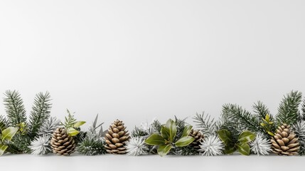 Festive Christmas Border of Pine Cones, Fir Branches, and Holly on White Background