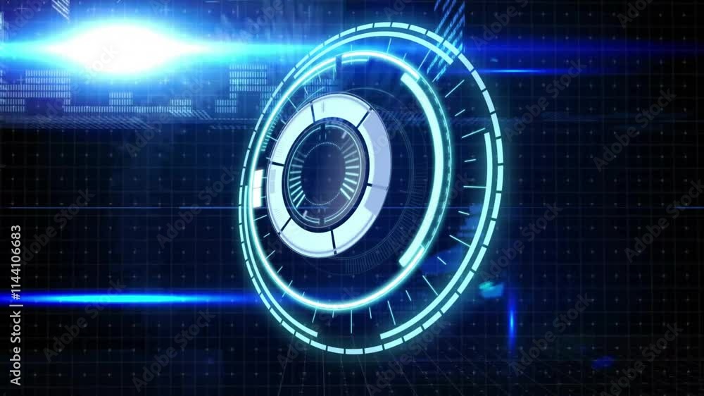 Poster animation of scope scanning over light spots and trails with data processing on blue background