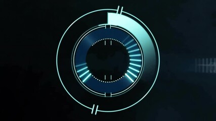 Animation of scope scanning over light spots and technology texts on black background with clouds