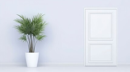 A minimalist interior featuring a potted plant next to a white door against a light-colored wall.