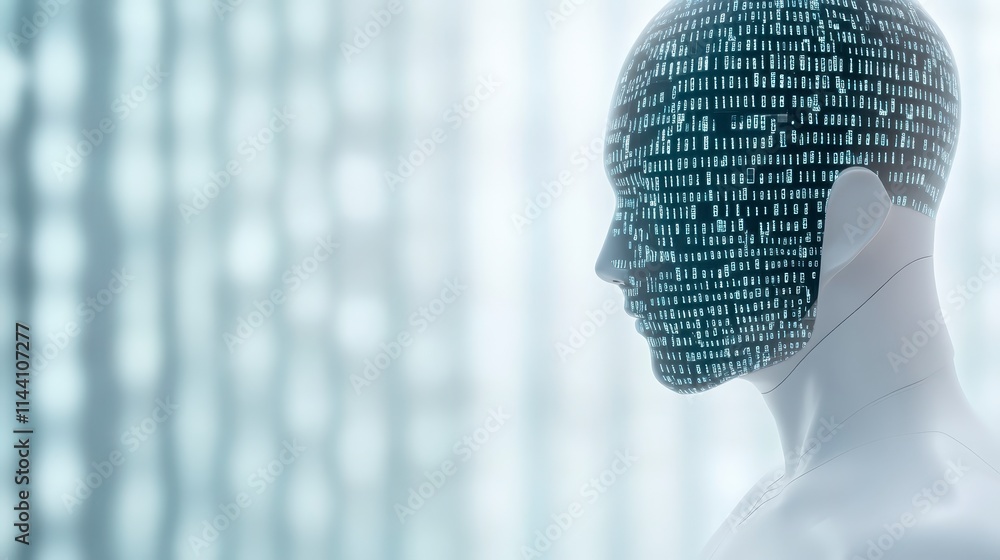 Poster a futuristic silhouette of a head made of binary code, symbolizing artificial intelligence and digit