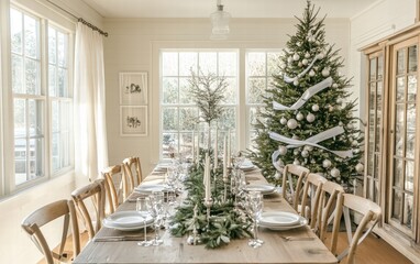 Fototapeta premium Bright and airy dining area with a long farmhouse table, soft holiday decor, and a tall Christmas tree with silver ribbons