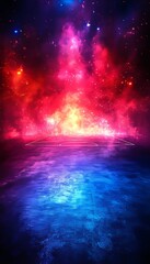 Cosmic Ocean, Nebula Reflection on Water, Vibrant Colors, Abstract Background, Digital Space Art.