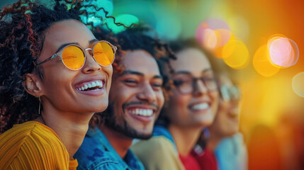 A group of diverse individuals with disabilities smiling and interacting in an inclusive community setting, with vibrant colors background.