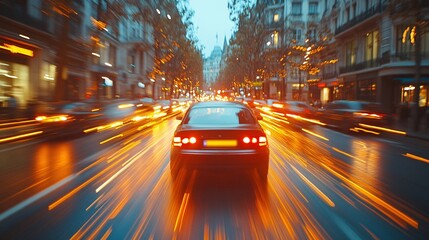 Blurred car light trails on a bustling city road at night, capturing the concept of dynamic transport and fast-paced, high-speed movement.