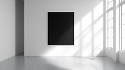 Obraz premium Black canvas mockup softly glows in sunlit white room photo. AI Generated