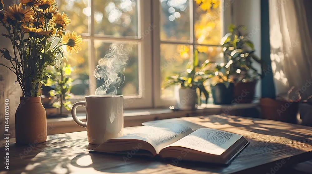 Poster cozy and inviting reading corner with an open book steaming mug and natural sunlight filtering throu