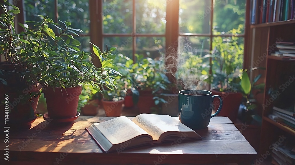Poster cozy and inviting reading nook featuring a wooden table with a steaming mug an open book and natural