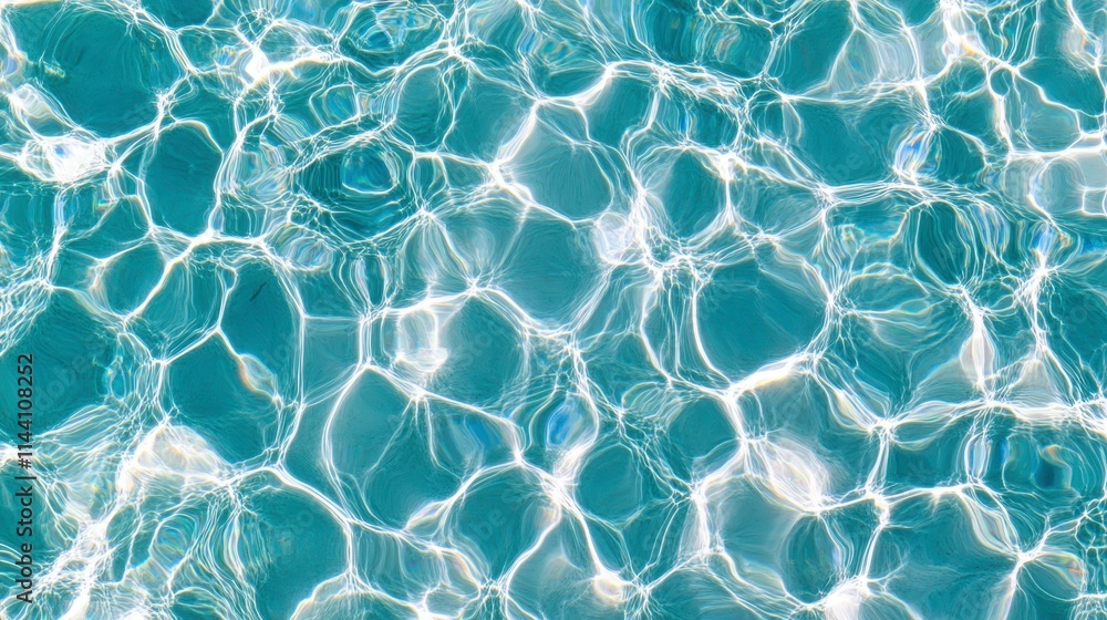 Poster a clear, turquoise pool water surface reflecting sunlight, creating mesmerizing patterns and ripples