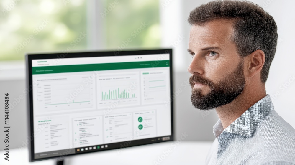 Poster a focused man examines data on a computer screen, featuring graphs and statistics, in a bright offic