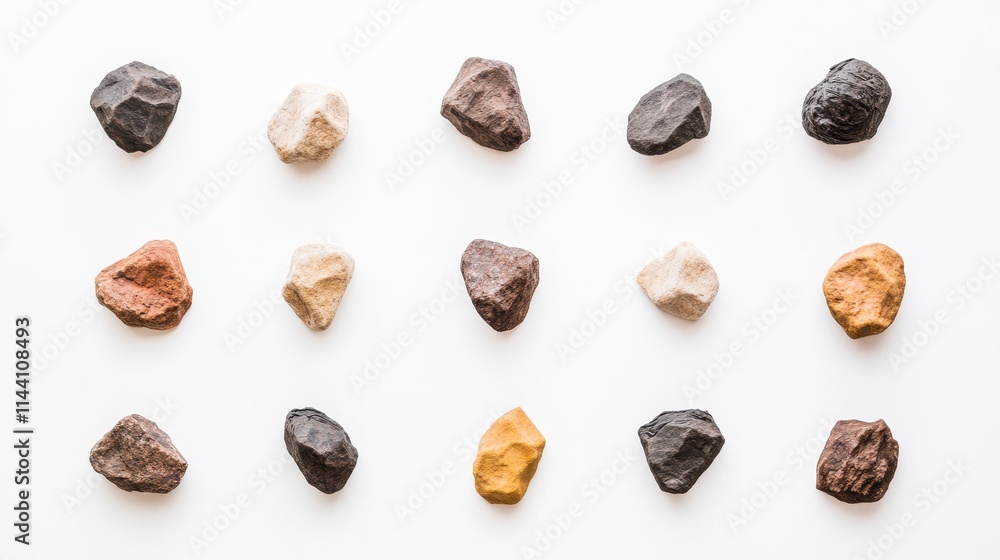 Poster a collection of various rocks displayed in a grid, showcasing different colors and textures against 